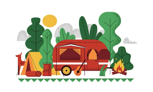 Sfondo campo all'aperto. Scena estiva picnic Doodle con tenda caravan. Furgone turistico. Foresta o falò. Vacanze in campeggio. Paesaggio naturale. Illustrazione di viaggio attiva vettoriale — Vettoriale Stock