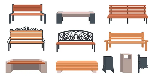 Zahradní lavička. Kreslený dřevěný a proutěný nábytek pro ulice a parky. Venkovní obecní židle. Odpadkové koše z městského kovu. Vektorové krajinné sedačky nebo popelnice pro veřejná místa — Stockový vektor