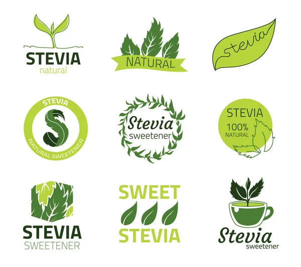Stevia-Logo. Etiketten für süße, zuckerfreie Extrakte. Vorlagen für Embleme natürlicher biologischer Lebensmittel. Vereinzelte Schilder mit Blättern und Schriftzügen. Pflanzlicher Süßstoff. Vektor pflanzliche Diät-Tags gesetzt — Stockvektor