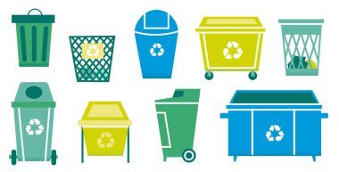 Çöp kutusu. Metal atık kapları ve çöp toplama ve ayırma için plastik çöp torbaları. Çizgi film reddetme kovaları. Atık ayıklama ve kullanım kutuları. Vektör çöp geri dönüşüm seti