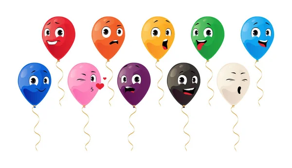 Luftballon-Cartoon-Figuren. Geburtstagsparty und Karneval feiern Maskottchen-Symbole mit lustigen Gesichtern. Fliegende Bälle. Glückliche Gefühle. Traurige Mienen. Vector Hochglanz bunte Cliparts — Stockvektor