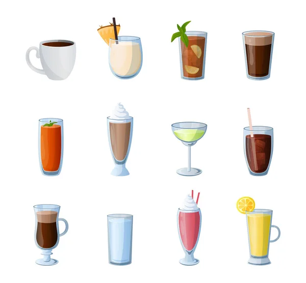 Boissons de dessins animés. Boissons chaudes et froides. Des cocktails alcoolisés. Café ou thé. Verres isolés pour la limonade. Collection milk-shake et smoothie. Du cacao doux. Eau propre. Ensemble de barres vectorielles — Image vectorielle