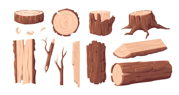 Wood materials. Cartoon lumber log and tree trunk. Wooden plank and stump with bark and branches. Forest construction board. Isolated sawmill elements set. Vector carpentry products stack