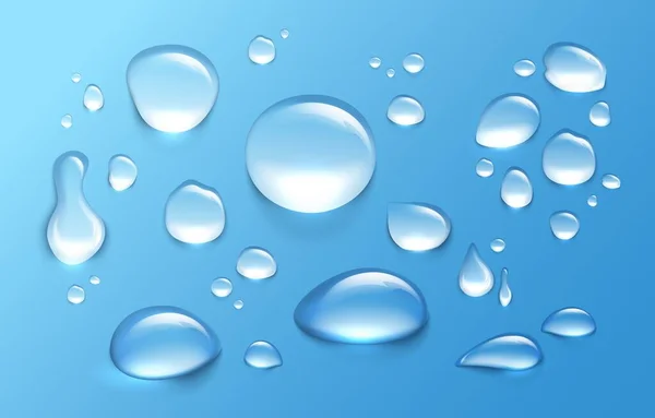 Une goutte d'eau réaliste. Aqua éclaboussures et gouttelettes transparentes. Condensation d'eau propre et douce à la surface. Modèles de gouttes isolées. Flux de liquide. Goutte de pluie ronde vectorielle avec réflexion — Image vectorielle