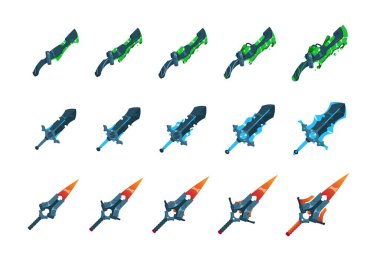 Kılıcı düzleştir. Çizgi film zehir büyüsü ve aksiyon oyunu deneyimi için çeşitli derecelere sahip ateş bıçakları. İzole edilmiş oyun silahı seti. Cephane oyunu oynuyoruz. Vektör askeri kılıçlar