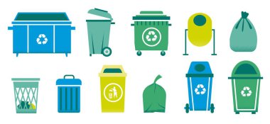 Çöp tenekesi. Cam kaplar organik ve kağıt çöpler için. Metal atık kutuları ve plastik çöp torbaları. Geri dönüşümlü çöpleri ayırmak için izole kovalar. Vektör mavi ve yeşil çöp bidonları ayarlandı