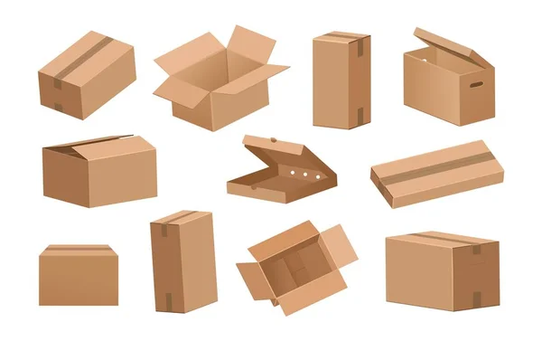 Картонная коробка. Мультфильм 3D доставки пакетов и посылок для доставки или транспортировки. Браун открыл и закрыл макет бумажных контейнеров для переработки. Векторная пустая упаковка — стоковый вектор