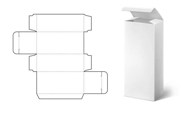 Afgeknipt. Realistische kartonnen pakket blauwdruk lay-out. Groot rechthoekig voedsel en medische verpakking. Geïsoleerde lege papieren container model. Vectorkartonnen verpakkingssjabloon voor branding — Stockvector