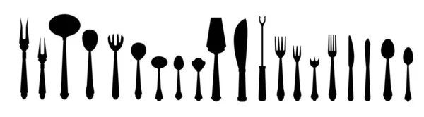 Черные столовые приборы. Силуэты кухонной посуды. Посуда иконы для ресторанов и бистро брошюры. Макет посуды. Ложки и вилки символы. Подавать лопатку или нож. Векторная посуда — стоковый вектор