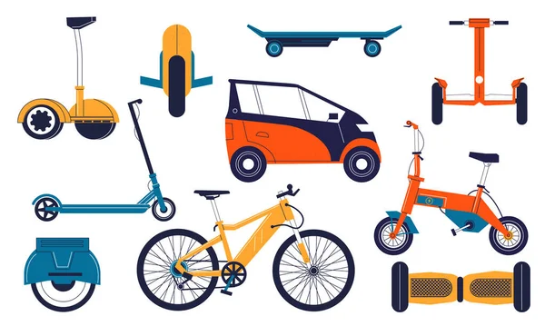 Transporte eléctrico. Vehículos eléctricos personales de dibujos animados. Monomotor equilibrado y giroscooter. Bicicleta aislada o automóvil ecológico. Hoverboard y electro-scooter. Conjunto de bicicletas vectoriales — Vector de stock