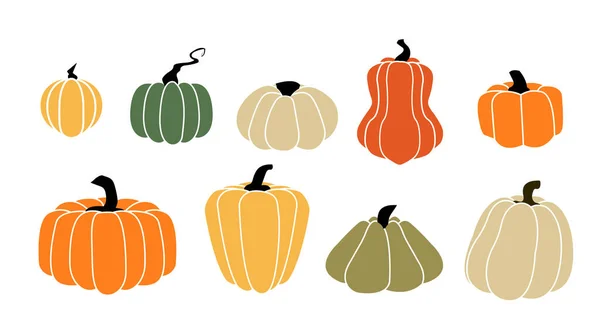 Courge de dessin animé. Récolte automnale de citrouilles. Légumes mûrs pour Halloween et Thanksgiving vacances d'automne. Produits alimentaires naturels végétariens isolés. Ensemble d'icônes de gourdes vertes et orange vectorielles — Image vectorielle