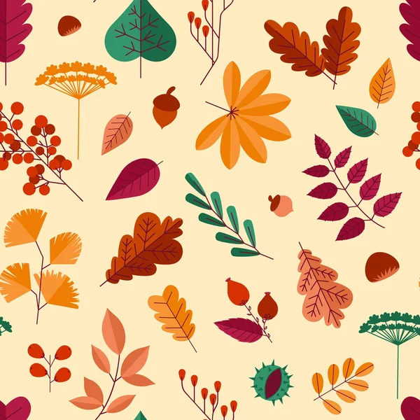 秋は模様を残す。空飛ぶ葉のシームレスな質感。メープルとオークの枝。栗やバラの実。ローワンとアコーン。フライヤーとソーシャルポストの背景。木の葉｜print — ストックベクタ