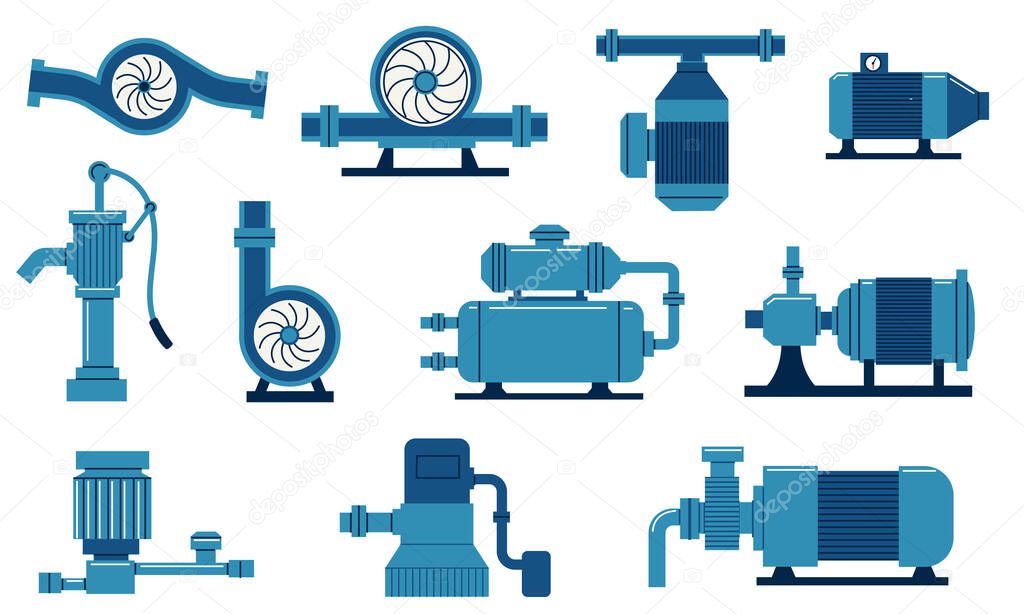 Water pump. Electric machine with compressor, aqua tank and motor. Gas and oil plumbing system. Cisterns with tube and valves. Industrial equipment set. Vector engineering construction