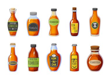 Kombu çayı şişeleri. Çizgi film yaz soğuk içeceği ve çay mantarı. Çeşitli konteynırlarda vejetaryen sağlıklı içecek ürünleri. Karbonatlı mayalanmış mantar içeceği ile izole edilmiş vektör kavanozları.