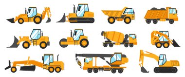 İnşaat kamyonları. Kazı, madencilik, kaldırma ve taşımacılık için ağır endüstriyel araçlar. Taşıyıcı inşa ediliyor. Turna kazıcı ve not kırıcı. Sarı iş kamyonu. Vektör makineleri ayarlandı