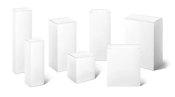 Um modelo de caixa de papel. Pacote de caixa 3D em branco realista. Modelo de embalagem de papelão retangular de altura longa com sombra. Embalagem quadrada para branding. Conjunto de recipientes vazios de publicidade vetorial — Vetor de Stock