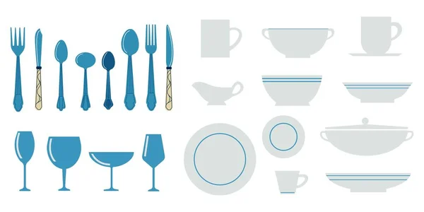 Utensilios de cocina. Menaje de cocina de dibujos animados con cuchillos de cuchara y tenedores. Platos blancos aislados. Cubertería azul. Platos o cuencos de cerámica. Vasos y tazas de porcelana. Equipo de cocina vectorial — Vector de stock