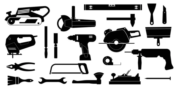 Attrezzi da costruzione neri. Strumenti per la riparazione e la costruzione di abitazioni per operai e ingegneri. Icone silhouette di ferramenta da lavoro. Attrezzature per carpenteria e ingegneria. Segni vettoriali impostati — Vettoriale Stock