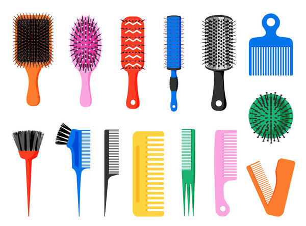 Comb. Hair brush. Various colored tools for barber and hairdresser. Round and flat hairbrush collection. Isolated professional beauty salon equipment. Vector personal accessories set