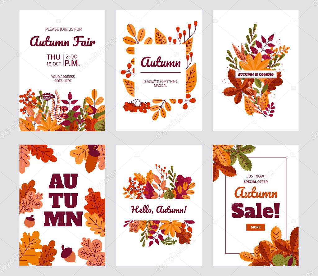 Autumn foliage posters. Fall discount and special offer banners with red or yellow leaves. Maple or oak plants. Sale flyers design template with lettering. Vector coupon ticket set