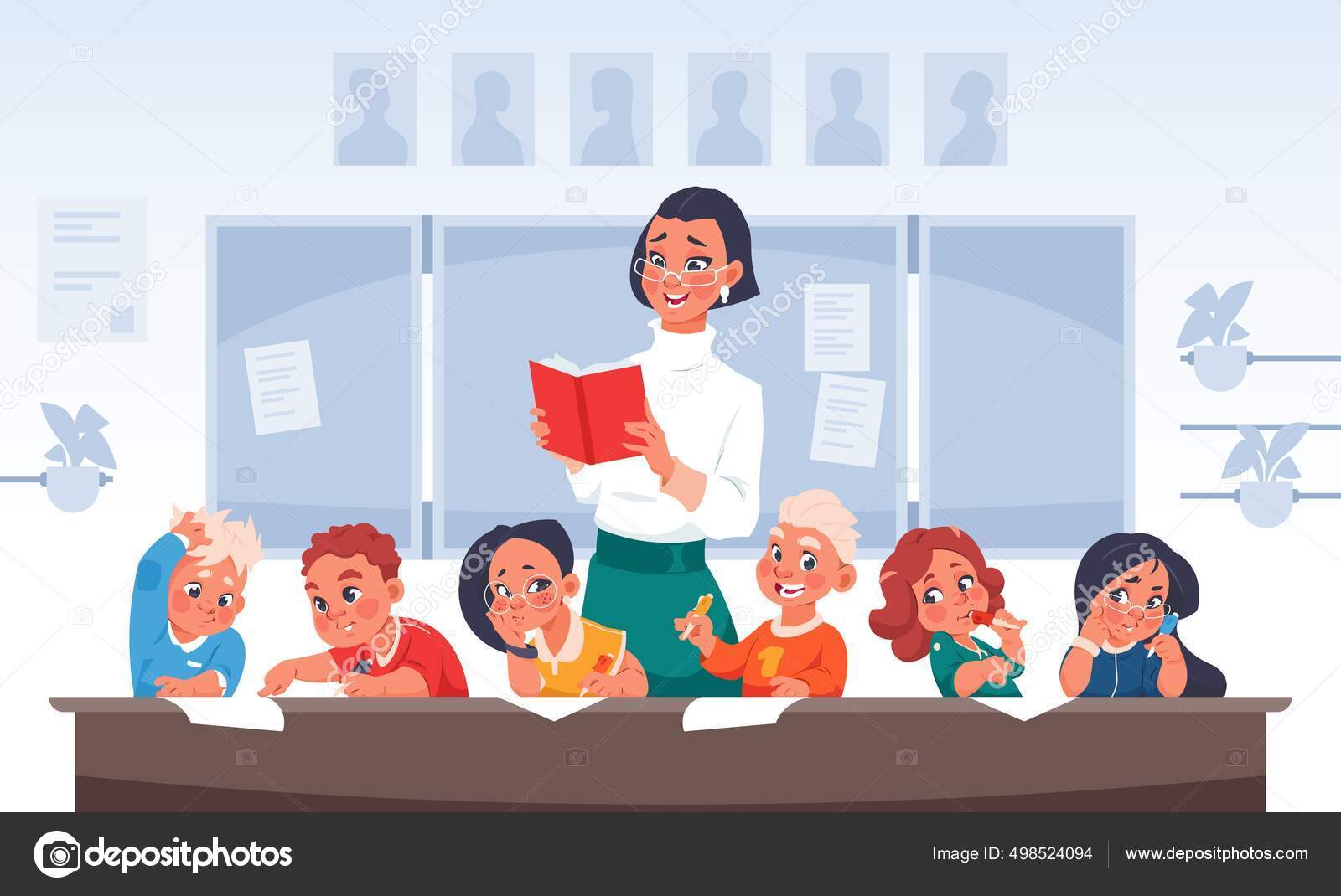 Illustration de Enfants et professeur. Caricature d'élèves du primaire