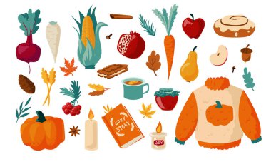 Sonbahar seti. Kalın elbiseli, yaprakları dökülen çizgi film. Sıcak içecekler ve tatlı kurabiyeler. Sebze ya da meyve hasadı. Sıcak Ekim koleksiyonu. Akçaağaç ve meşe yaprakları. Vektör mevsimi elementleri