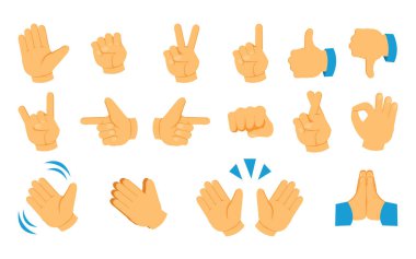 El emojisi. Sosyal medya jest simgeleri. Parmağını kaldır ve kollarını salla. İlk zafer işaretleri. Avuç içi ve işaret eden parmak emojisi koleksiyonu. Vektör ağ iletişim grafik simgeleri ayarlandı