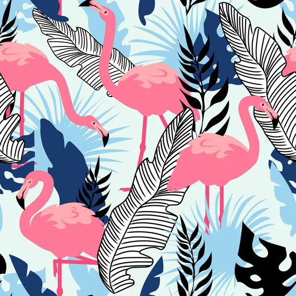 Flamingo-Muster. Nahtlose Sommertextur mit rosa exotischen Vögeln und tropischen Palmenblättern. Zeichentricktier. Deko-Textilien, Geschenkpapier, Tapeten-Vektor Sommer Strandprint oder Stoff — Stockvektor