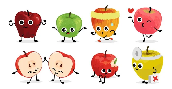 Apple-Charaktere. Fruchtmaskottchen mit lustigen Gesichtern. Grüne, rote und gelbe Bioprodukte. Sport und gesunde Talismanensammlung. Vektor isolierte Diät Nahrung Emoticon-Vorlagen gesetzt — Stockvektor