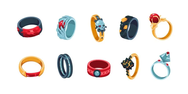 Spel ring. Cartoon decoratieve sieraden pictogrammen voor gaming inventaris UI. Middeleeuwse koninklijke accessoires collectie met edelstenen of magische symbolen. Vector geïsoleerde schat gouden juwelen set — Stockvector