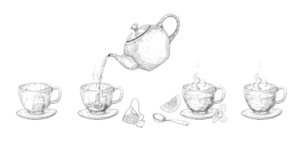 Pasos de elaboración de té. etapas dibujadas a mano de la fabricación de bebidas con hervidor de agua y taza. Bolsas de té verdes y negras. Hojas de limón y visón. Vierta agua en tazas de la tetera. Set de bocetos vectoriales de vajilla — Vector de stock