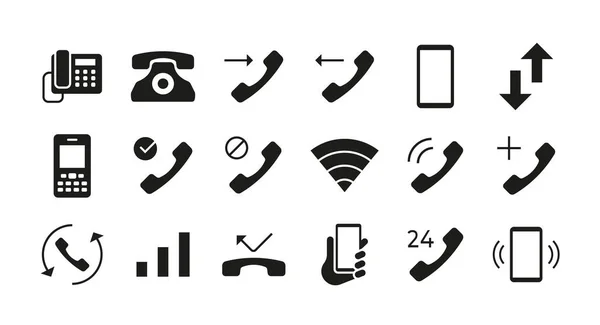 Handysymbole. Telefonpost und Smartphone-Kommunikationssymbole. Anrufbeantworter beantworten und ablehnen. Indikatoren für die Verbindung zum Telefonnetz sind Attrappen. Vektor isolierte grafische Zeichen gesetzt — Stockvektor