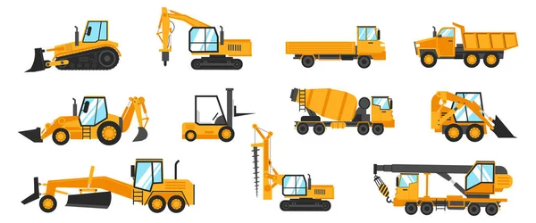 Veículos industriais. Caminhões de construção de desenhos animados e máquinas pesadas. Bulldozer e escavadora. Guindaste de construção ou carregador. Camião de carga. Vector máquinas de terraplenagem e automóveis de trabalho conjunto — Vetor de Stock