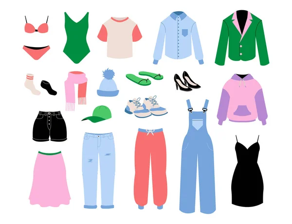 Ropa de mujer. Chicas de moda de dibujos animados y trajes de temporada para adultos. Falda y camisa. Pantalones o zapatos brillantes. Ropa casual y de negocios. Ropa interior y accesorios. Conjunto de prendas vectoriales — Archivo Imágenes Vectoriales