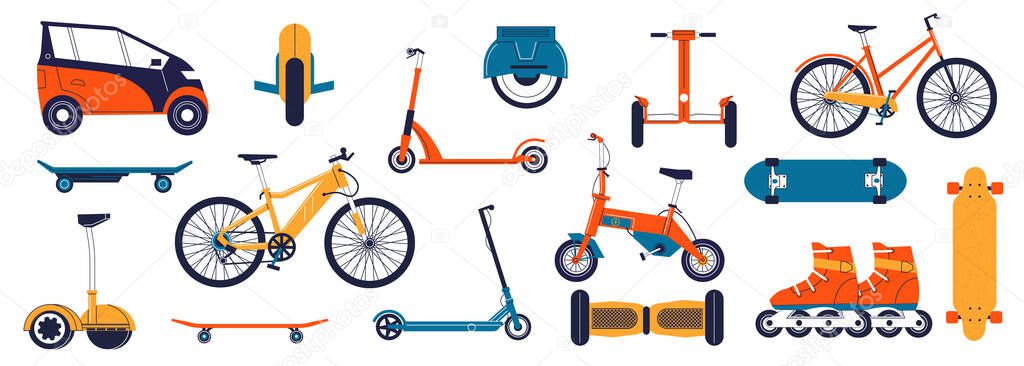 Light transport. Cartoon personal transportation vehicles. Rollers skate and electric hoverboard, monowheel. Isolated image collection. Skateboard or bicycle. Vector urban bikes set