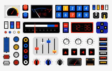Retro kontrol paneli. Bilgisayar kontrol paneli elemanları. Çevir ya da bağlantı portları. Denetleyici düğmeleri şablonu. Okları olan elektronik göstergeler. Vektör konsolu düğmeleri ve anahtarlar ayarlandı