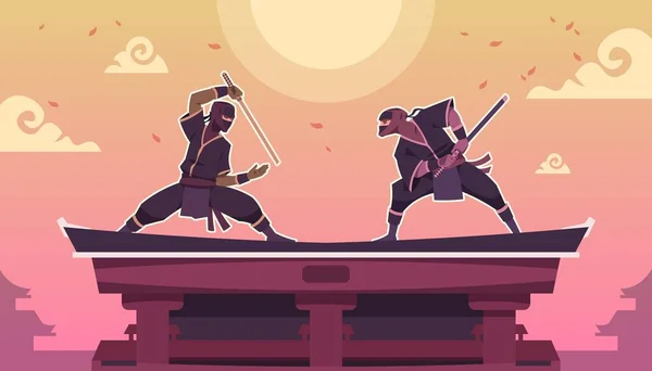 Luta ninja. Cena dos desenhos animados com antigos guerreiros japoneses em quimono preto com espadas. Duelo de Shinobi. Assassinos em posições de combate no telhado do edifício. Tela de jogo de luta vetorial —  Vetores de Stock