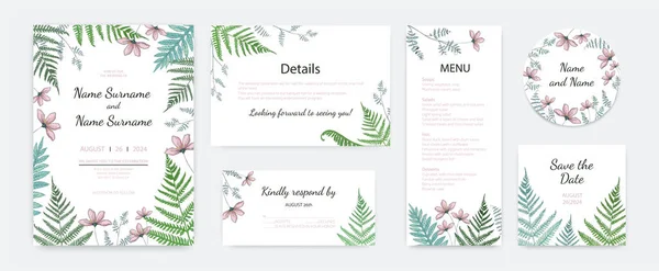 Huwelijksuitnodiging. Elegante posters of kaarten met loof en varens. Floral lay-out ontwerp. Celebrations menu en decoratieve stickers sjabloon met kruiden en bladeren. Vectorbanners ingesteld — Stockvector