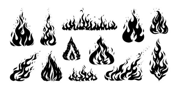 Hand drawn flame. Vintage sketch of devils fire engraving. Retro silhouette of bonfire. Black and white fireplace icons. Wildfire or ignition signs mockup. Vector blaze stencil set — Stock Vector