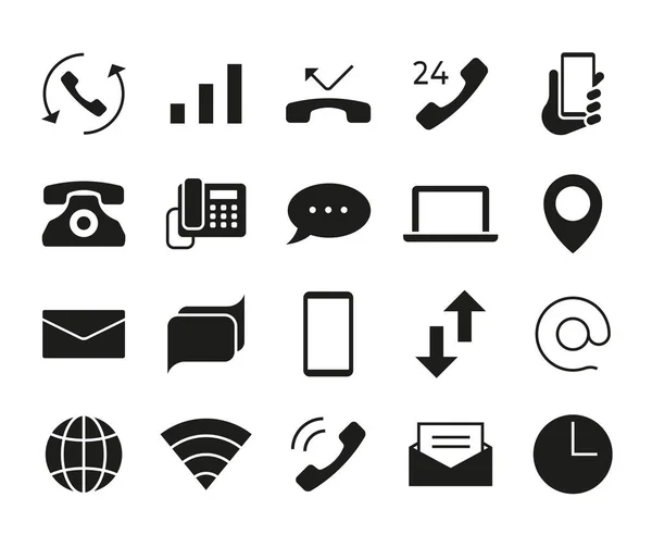Communication icons. Smartphone call, mailing or texting symbols. Laptop and network sharing signs. Global phone and Internet connection. Vector isolated black silhouettes elements set — Stock Vector