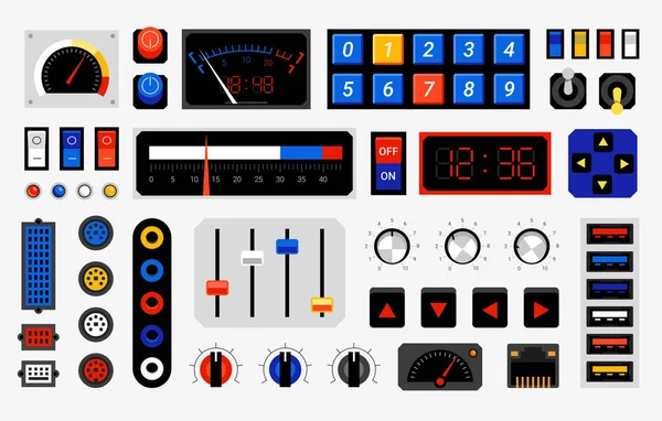 Panel de control retro. Elementos del tablero de ordenador. Marcaciones o puertos de conexión. Plantilla botones controlador. Indicadores electrónicos con flechas. Conmutadores de consola vectorial y conjunto de conmutadores — Vector de stock