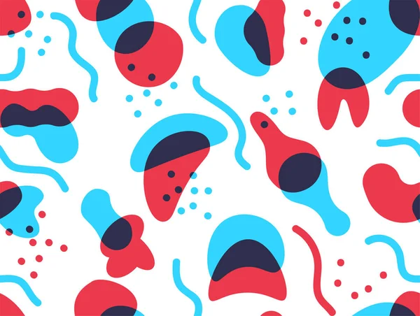 Blobförmiges Muster. Nahtlose organische unregelmäßige abstrakte Kieselsteine. Dekorative moderne Textur mit blauen und roten runden Flecken. Minimale flüssige Flecken und Punkte. Geometrischer Vector-Doodle-Druck — Stockvektor