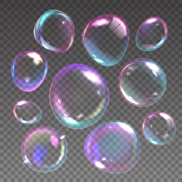 Schaumblasen. Realistische fliegende Seifenkugeln mit Regenbogenreflexen. 3D Shampoo transparente Glaskugeln. Schaumelemente. Wäsche- und Duschkreise eingerichtet. Vektor irisierende runde Formen — Stockvektor