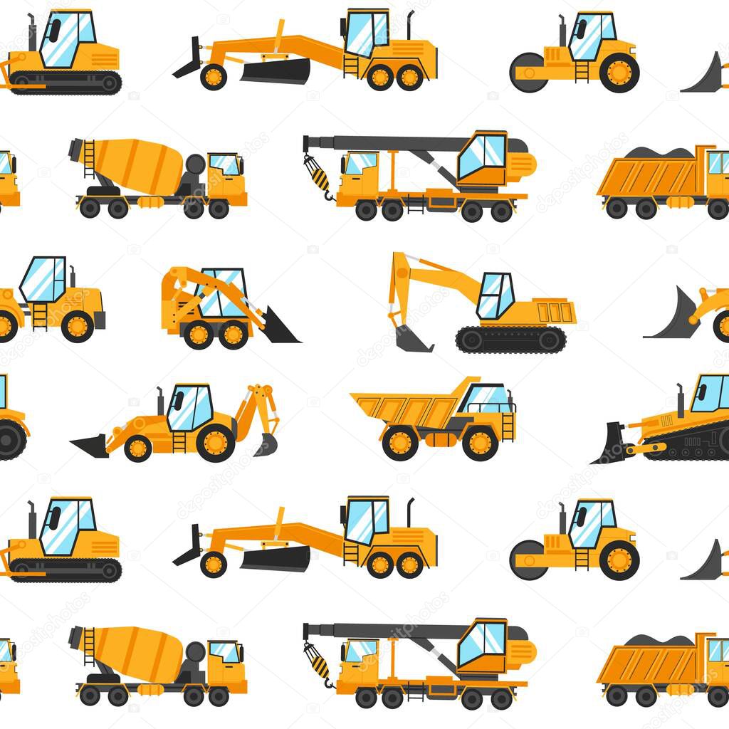 Heavy trucks pattern. Seamless print with construction vehicles and industrial building machinery for earthwork, lifting and transportation. Vector working transport texture template