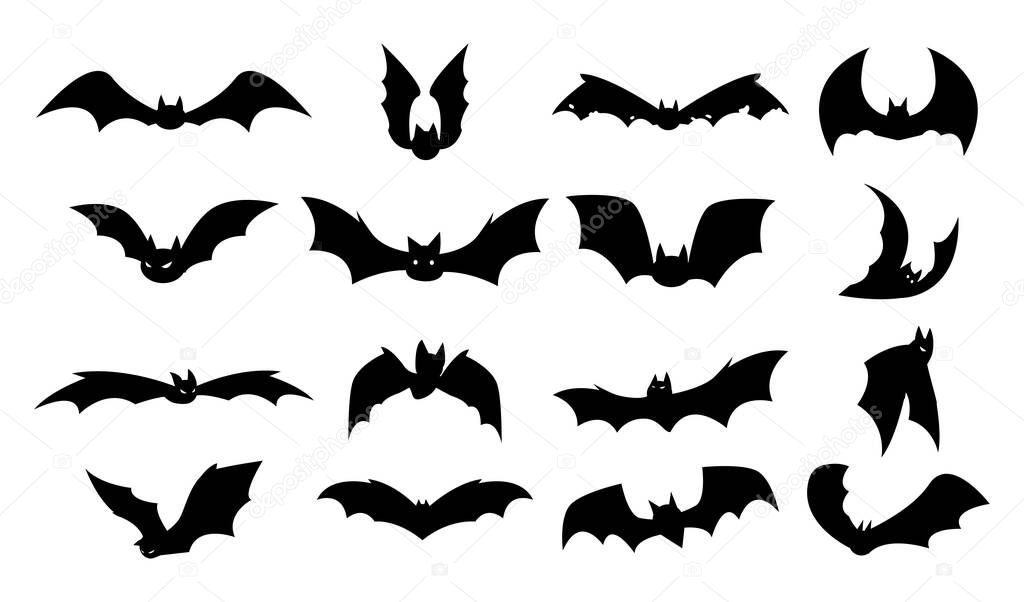 Bat silhouettes. Halloween flying night creatures shapes. Scary autumn party decorative elements. Creepy gothic animals waving wings. Isolated spooky black predators flight. Vector mystery vampire set