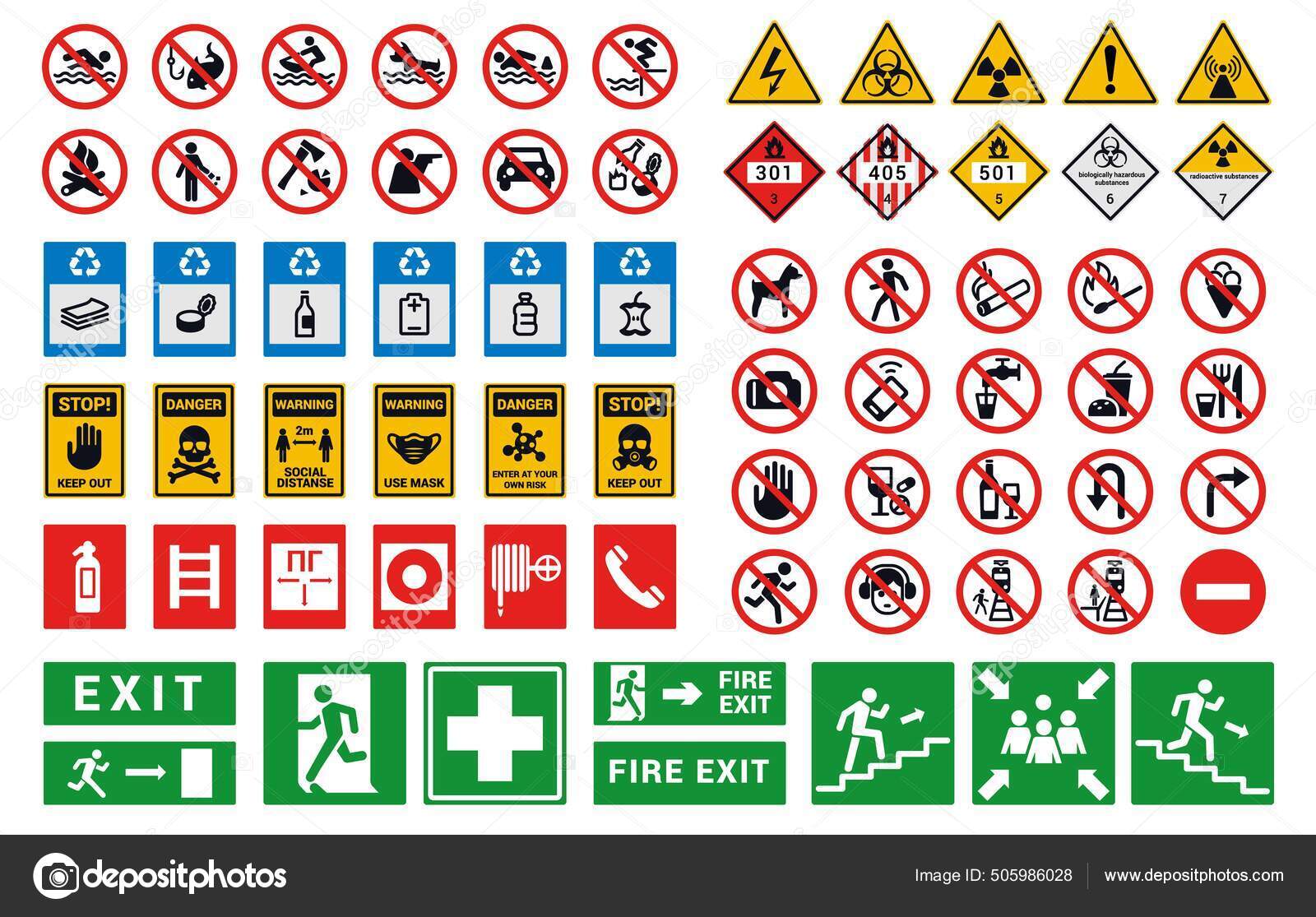 Sicherheitszeichen. Gesundheits- oder Sicherheitssymbole in Fabriken und am  Bau. Helle Gefahrenhinweise und Evakuierungsmitteilungen. Betreten verboten  Aufkleber Attrappe. Vektor-Warnsymbole gesetzt Stock-Vektorgrafik von  ©SpicyTruffel 505986028