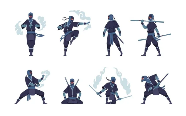 Personnage ninja. Combattre le guerrier japonais avec une arme ancienne. Mascotte de Shinobi debout dans la pose de combat ou de méditation. Attaque d'entraînement avec des queues d'air. Ensemble de positions d'assassins vectoriels — Image vectorielle