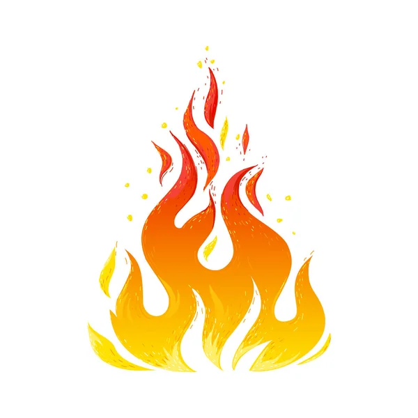 Icono de llama vintage. Símbolo de fuego dibujado a mano de color. Chimenea retro boceto grunge y logotipo gráfico maqueta. Un incendio ardiente. plantilla hoguera roja y naranja. Encendido vectorial signo único — Vector de stock