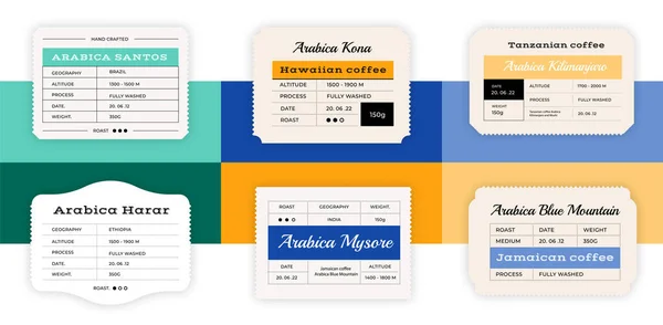 Koffielabel. Minimalistische hipster sticker voor Arabica verpakking. Klassieke oude postzegels met tekst en bonen gebraden infographic. Reclamedrukkerij. Vector grafische promo templates ingesteld — Stockvector