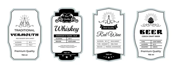 Vintage alcohol label. Minimalistische stickers voor whisky en bierflessen. Wijn of vermouth branding emblemen. Dranken stempels lay-out met abstracte ornament elementen. Vectortags ontwerpset — Stockvector